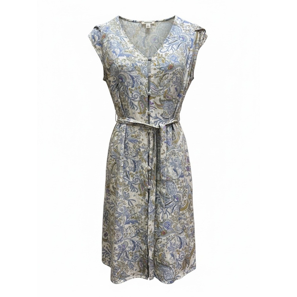Goodthreads Women's Small Paisley Button Front Midi Dress Tie Waist Blue Cream